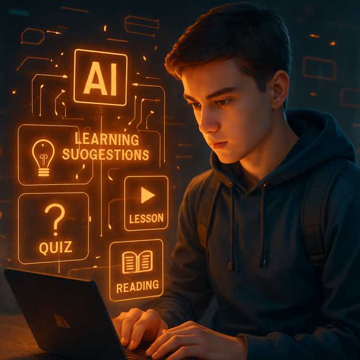 A student using a laptop with glowing orange AI interface panels showing options for learning suggestions, quiz, lesson, and reading