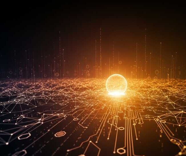 A bright, glowing orange sphere sits at the center of a circuit-like digital landscape with interconnected nodes and lines, evoking the concept of advanced technology or artificial intelligence.