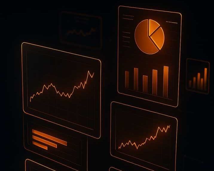 A collection of orange-glowing digital screens featuring various charts and graphs, including line graphs, bar charts, and pie charts, displayed against a dark background to signify analytics or data visualization.