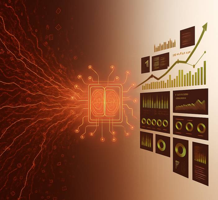 A subdued, dark orange digital illustration showing streaming data flows into a glowing circuit board with brain patterns, alongside orange-tinted analytics charts and graphs.