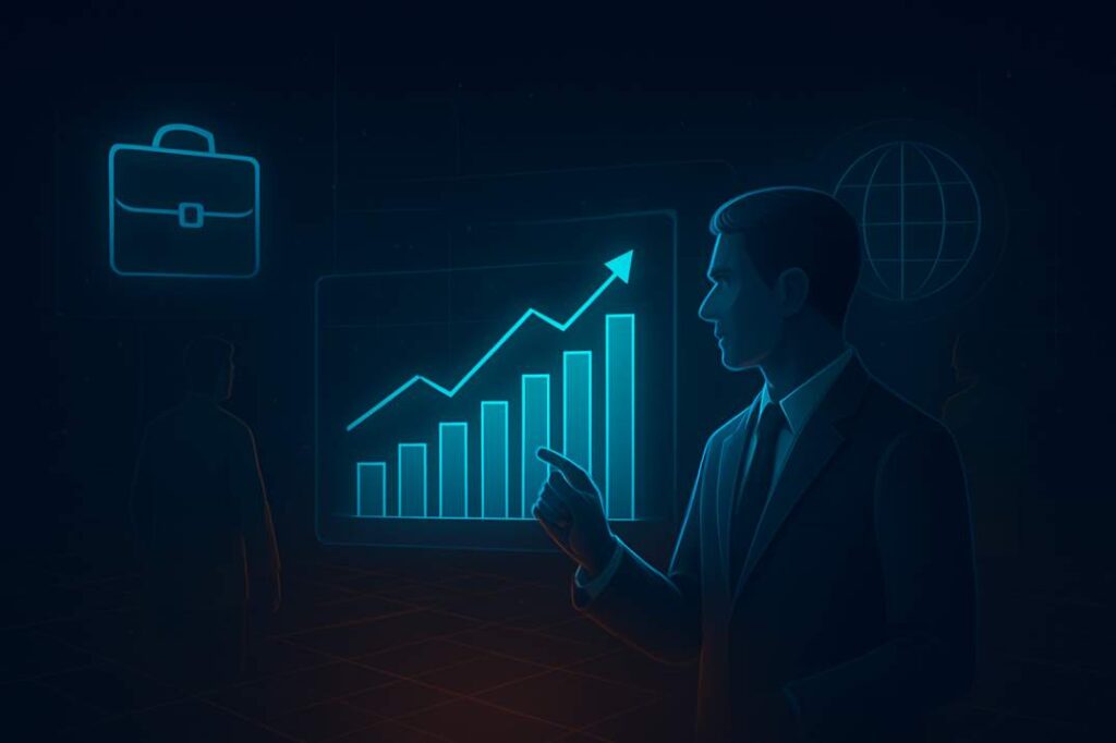 A businessman points to an upward-trending financial graph surrounded by virtual business icons and analytics