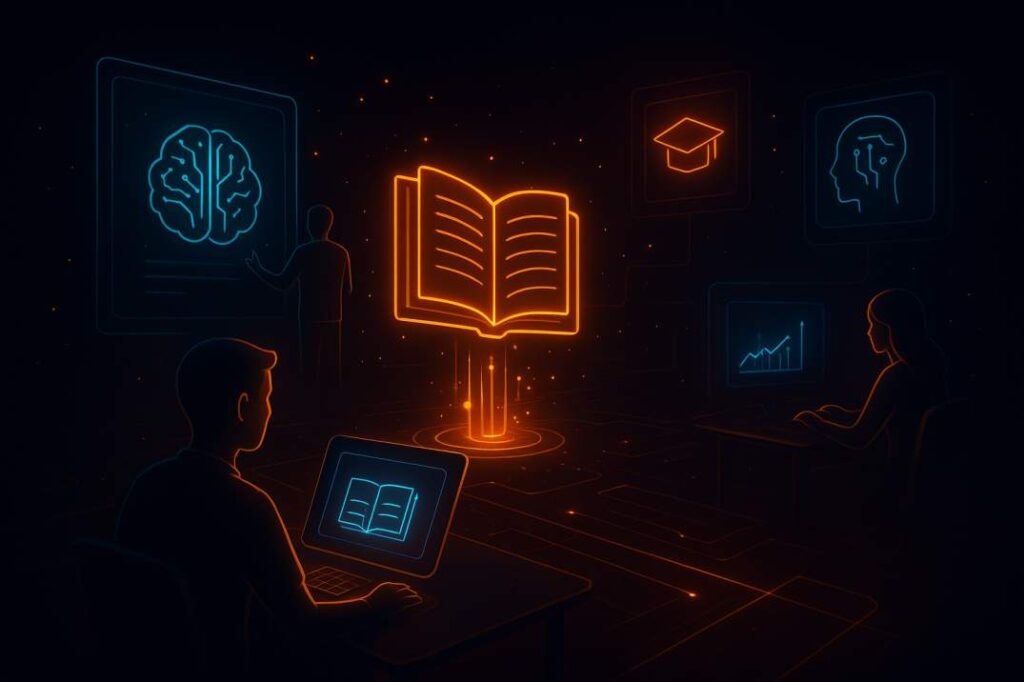 People study with laptops as a central glowing book hovers, surrounded by digital education and brain icons in a dark virtual environment.