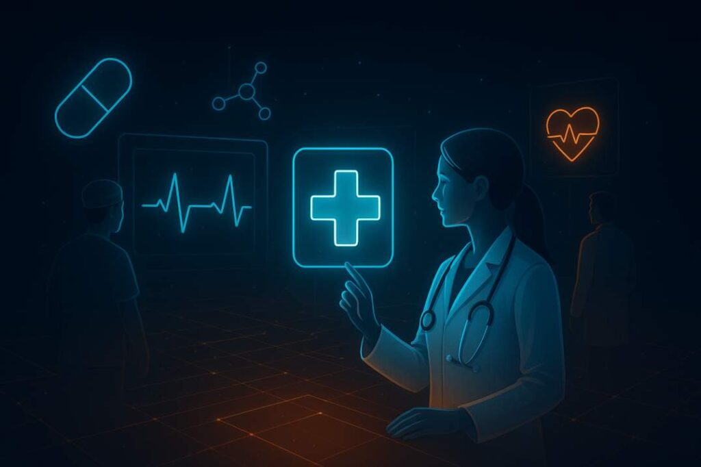 A doctor interacts with digital health icons and medical data charts in a glowing virtual interface