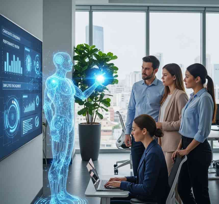 A holographic AI figure presents analytical data on a large screen to a group of business professionals in a modern office with cityscape visible through tall windows.