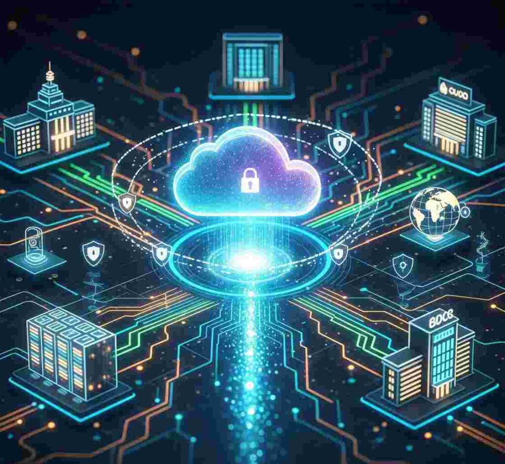 Glowing blue cloud with a padlock icon, connected to multiple buildings and servers, symbolizing secure cloud networking and data protection.