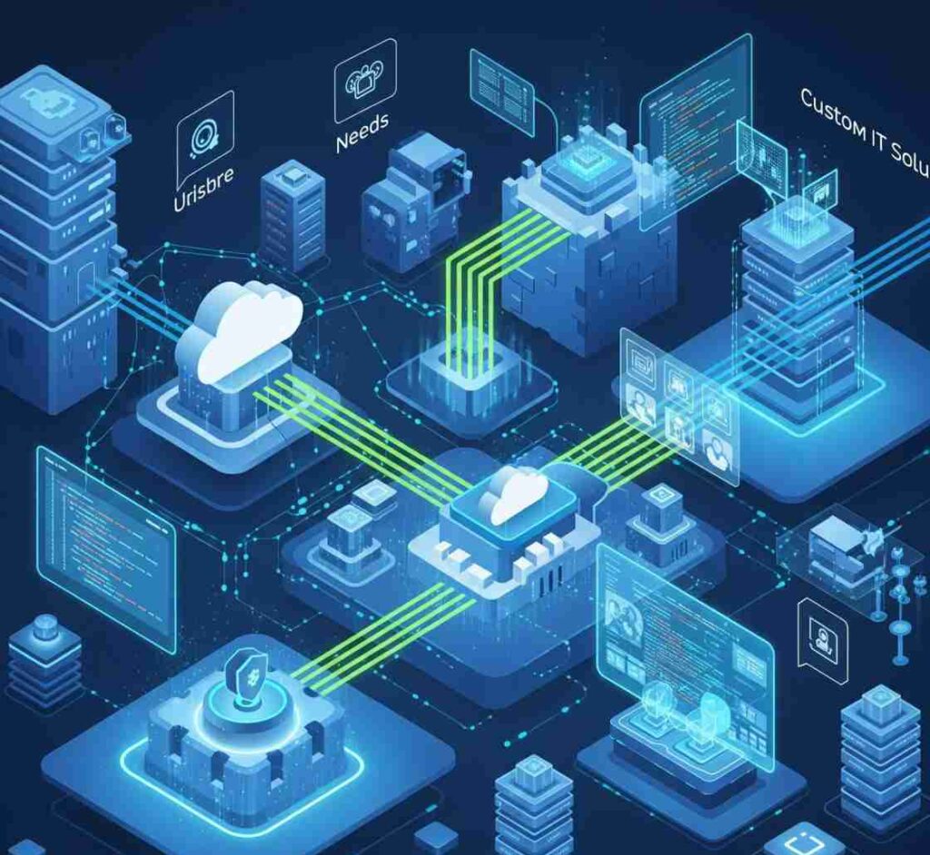 A digital illustration of interconnected cloud servers, computers, and IT infrastructure in blue tones, representing custom IT solutions and data flow
