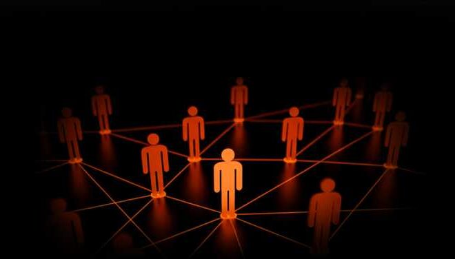 A glowing network of orange, person-shaped icons connected by illuminated lines on a dark background, representing a digital social or communication network.